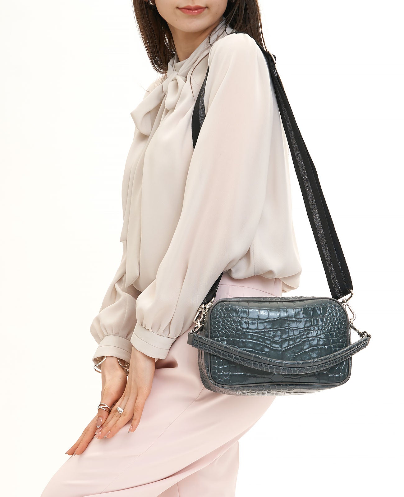 <ショートハンドル付き>スクエアポシェット ボディバッグ イタリアンクロコ型押しVer. 1575-ic-set