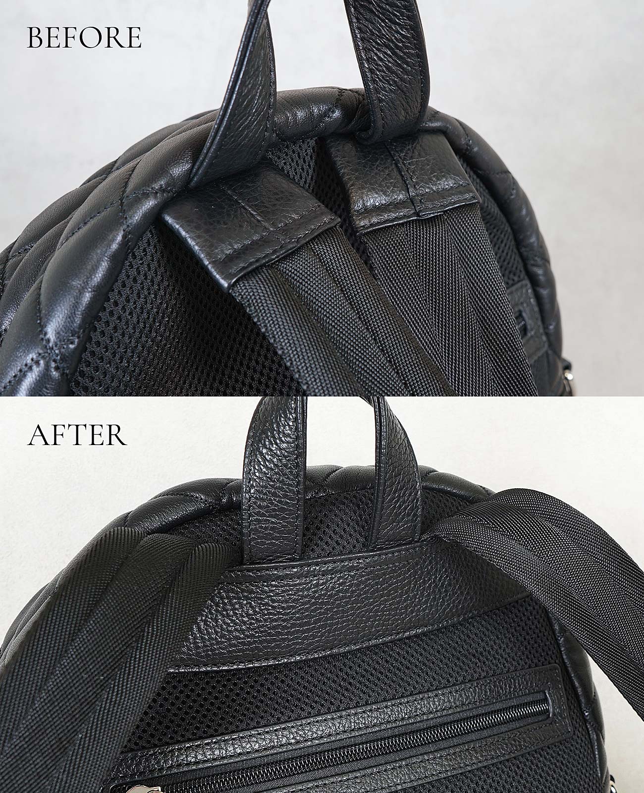【リニューアル】ショルダーの付け根部分を改良し、イタリア製レザーで背面から補強。
荷重への耐久性を高め、より安心して使える仕様にアップデートしました